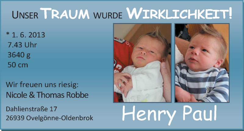 Anzeige für Henry Paul Robbe vom 15.06.2013 aus Nordwest-Zeitung