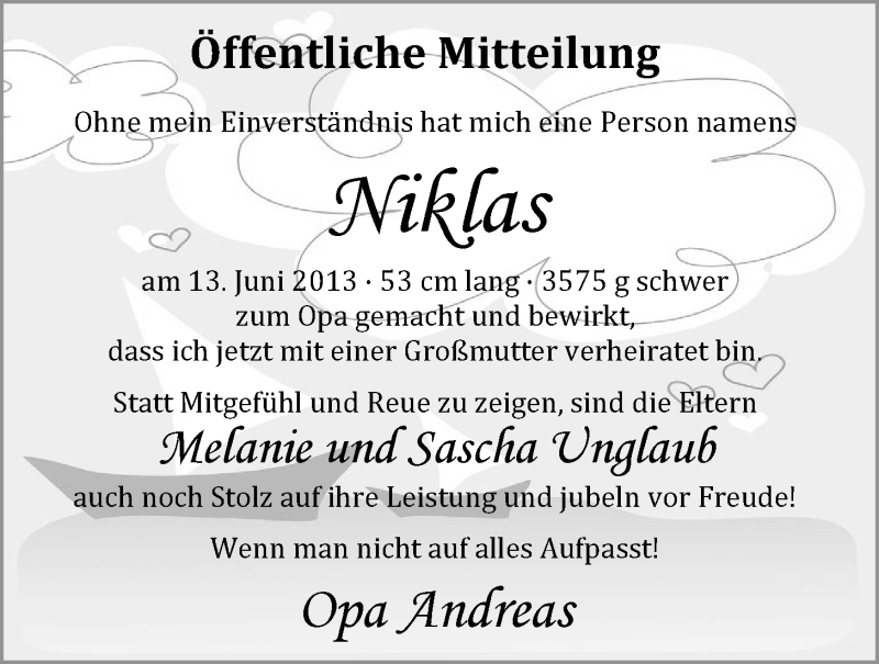 Anzeige für Niklas Unglaub vom 15.06.2013 aus Nordwest-Zeitung