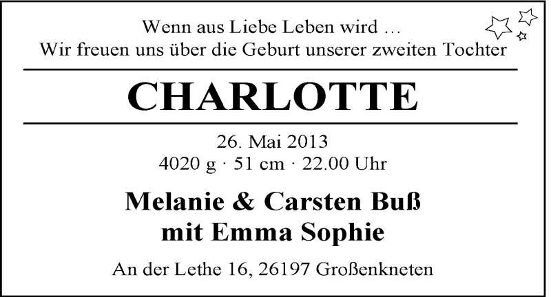 Anzeige für Emma Sophie Buß vom 22.06.2013 aus Nordwest-Zeitung