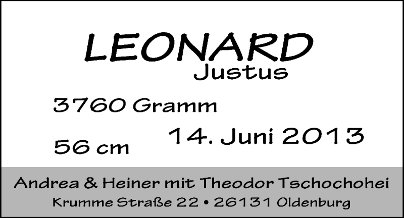Anzeige für Leonard Justus  vom 22.06.2013 aus Nordwest-Zeitung