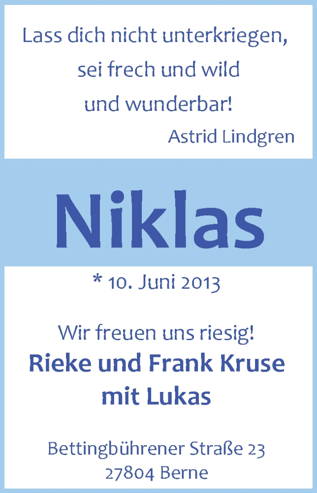 Anzeige für Niklas Kruse vom 29.06.2013 aus Nordwest-Zeitung