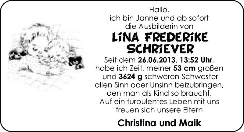 Anzeige für Lina Frederike Schriever vom 29.06.2013 aus Nordwest-Zeitung