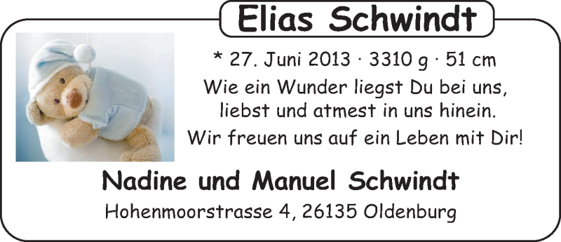 Anzeige für Elias Schnwindt vom 06.07.2013 aus Nordwest-Zeitung