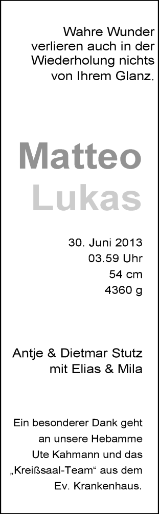 Anzeige für Matteo Lukas Stutz vom 05.07.2013 aus Nordwest-Zeitung