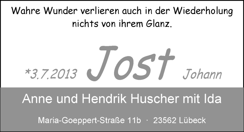 Anzeige für Jost Huscher vom 13.07.2013 aus Nordwest-Zeitung