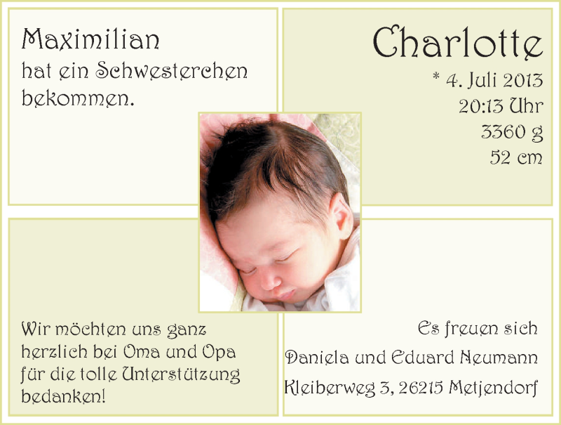 Anzeige für Charlotte Neumann vom 27.07.2013 aus Nordwest-Zeitung