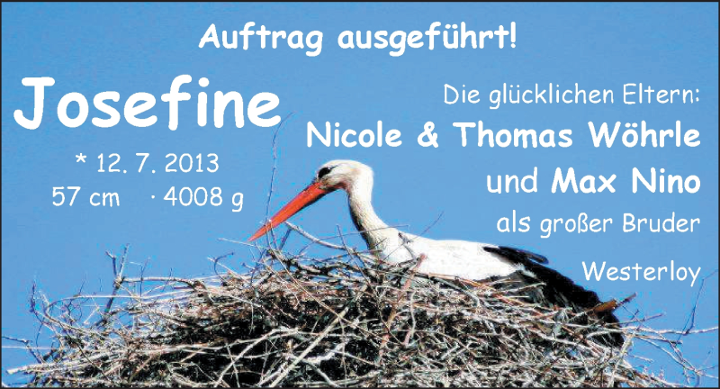 Anzeige für Josefine Wöhrle vom 27.07.2013 aus Nordwest-Zeitung