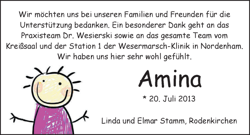 Anzeige für Amina Stamm vom 29.07.2013 aus Nordwest-Zeitung
