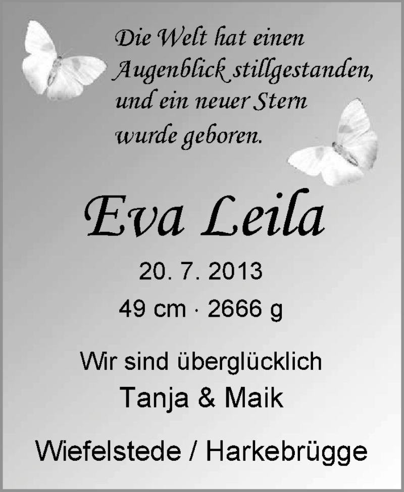 Anzeige für Eva Leila  vom 03.08.2013 aus Nordwest Zeitung