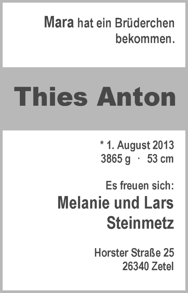 Anzeige für Thies Anton Steinmetz vom 10.08.2013 aus Nordwest-Zeitung