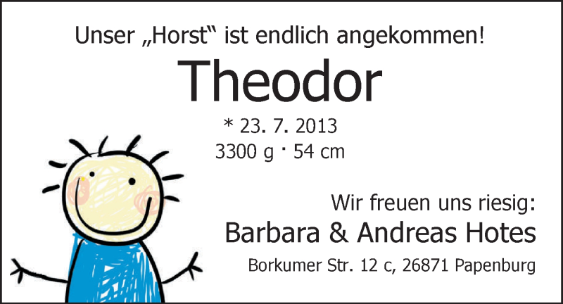 Anzeige für Theodor Hotes vom 10.08.2013 aus Nordwest-Zeitung