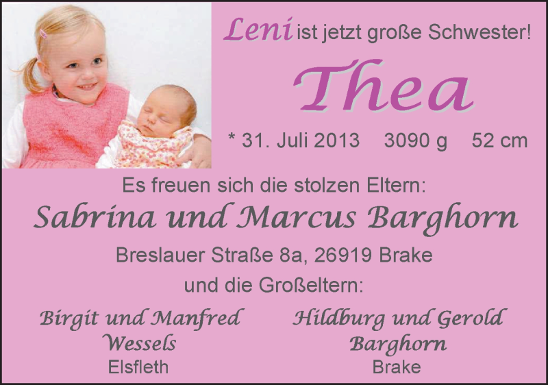 Anzeige für Thea Barghorn vom 17.08.2013 aus Nordwest-Zeitung