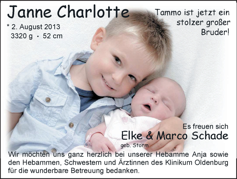 Anzeige für Janne Charlotte Schade vom 24.08.2013 aus Nordwest-Zeitung