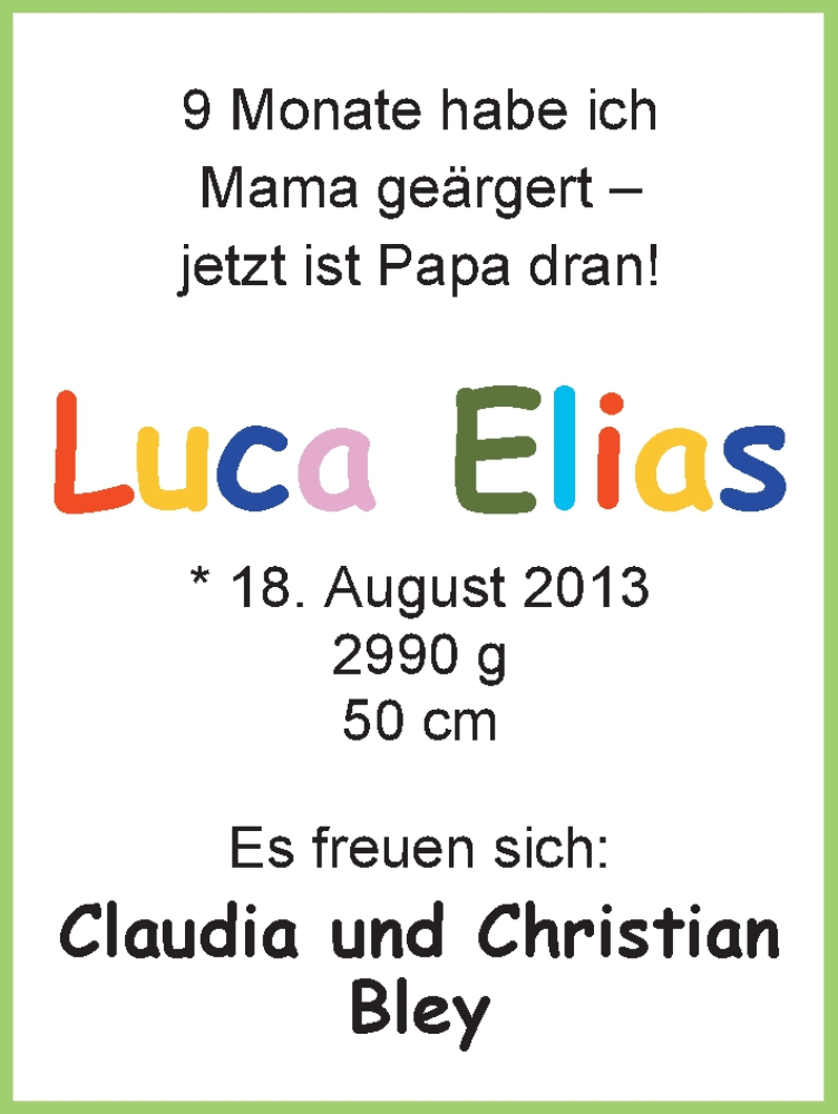 Anzeige für Luca Elias Bley vom 24.08.2013 aus Nordwest-Zeitung