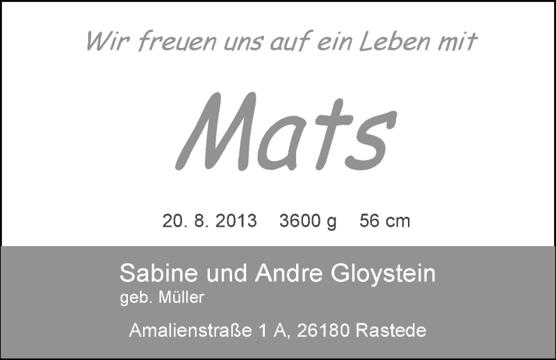 Anzeige für Mats Gloystein vom 31.08.2013 aus Nordwest-Zeitung