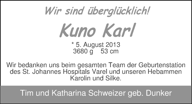 Anzeige für Kuno Karl Dunker vom 07.09.2013 aus Nordwest-Zeitung
