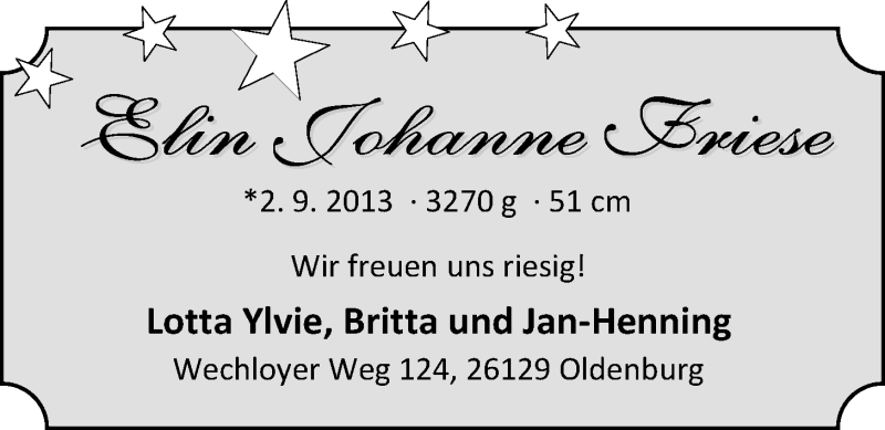 Anzeige für Elin  vom 14.09.2013 aus Nordwest-Zeitung