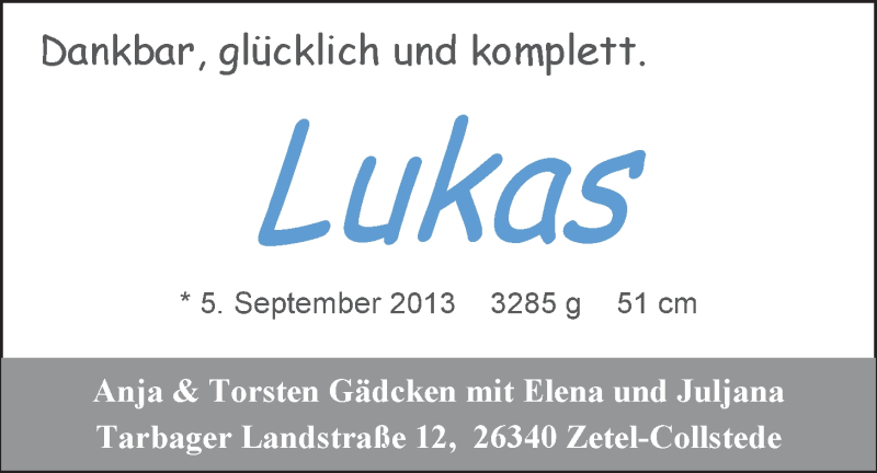 Anzeige für Lukas  vom 14.09.2013 aus Nordwest-Zeitung