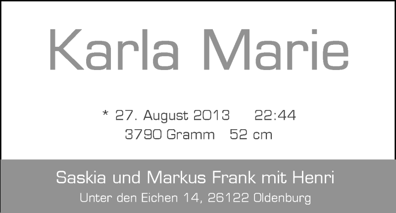 Anzeige für Karla Marie  vom 14.09.2013 aus Nordwest-Zeitung
