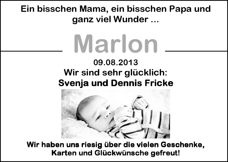 Anzeige für Marlon Fricke vom 05.10.2013 aus Nordwest-Zeitung