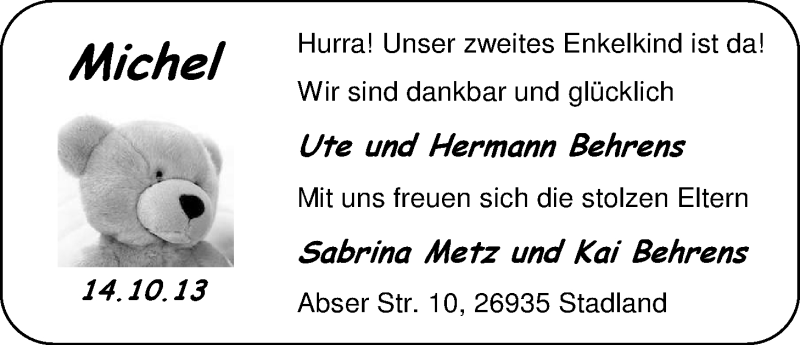 Anzeige für Michel Behrens vom 19.10.2013 aus Nordwest-Zeitung