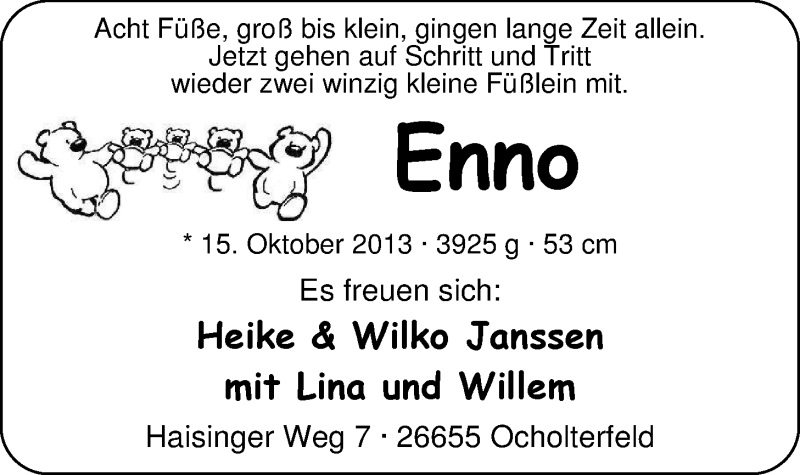 Anzeige für Enno Janssen vom 26.10.2013 aus Nordwest-Zeitung