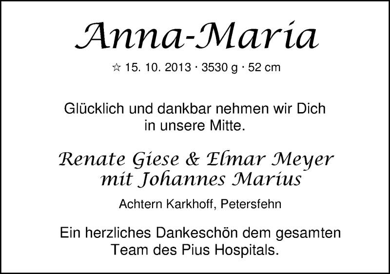 Anzeige für Anna-Maria Giese vom 26.10.2013 aus Nordwest-Zeitung