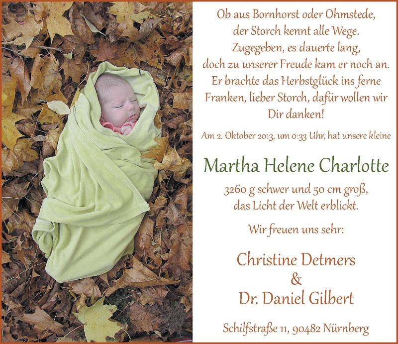 Anzeige für Martha Helene Charlotte  vom 09.11.2013 aus Nordwest-Zeitung