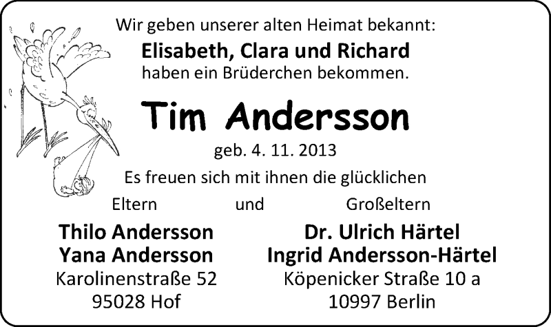 Anzeige für Tim Andersson vom 09.11.2013 aus Nordwest-Zeitung