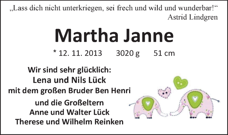 Anzeige für Martha Janne Lück vom 23.11.2013 aus Nordwest-Zeitung