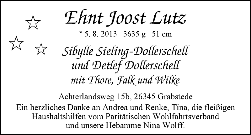 Anzeige für Ehnt Joost Lutz Dollerschell vom 23.11.2013 aus Nordwest-Zeitung