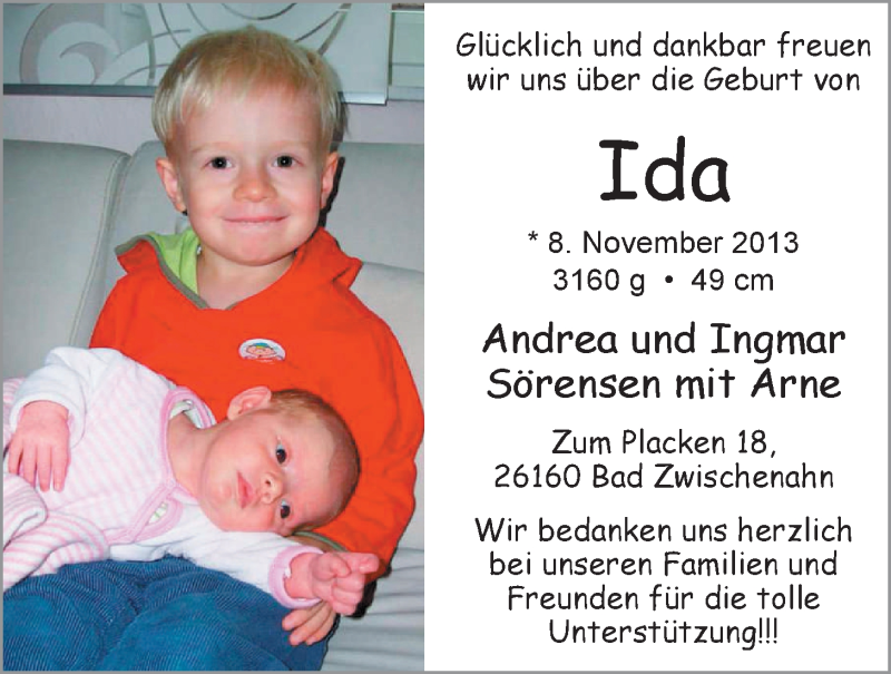 Anzeige für Ida Sörensen vom 23.11.2013 aus Nordwest-Zeitung