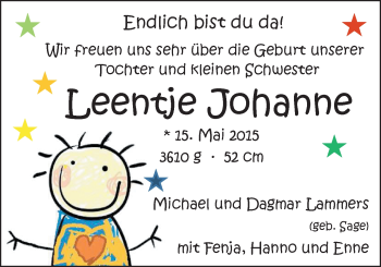 Babyanzeige von Leentje Johanne Lammers von Nordwest-Zeitung