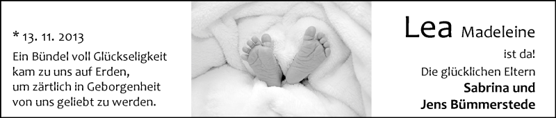 Anzeige für Lea Madeleine Bümmerstede vom 07.12.2013 aus Nordwest-Zeitung