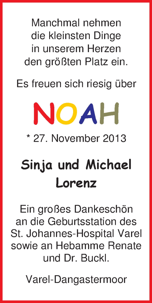 Anzeige für Noah Lorenz vom 07.12.2013 aus Nordwest-Zeitung