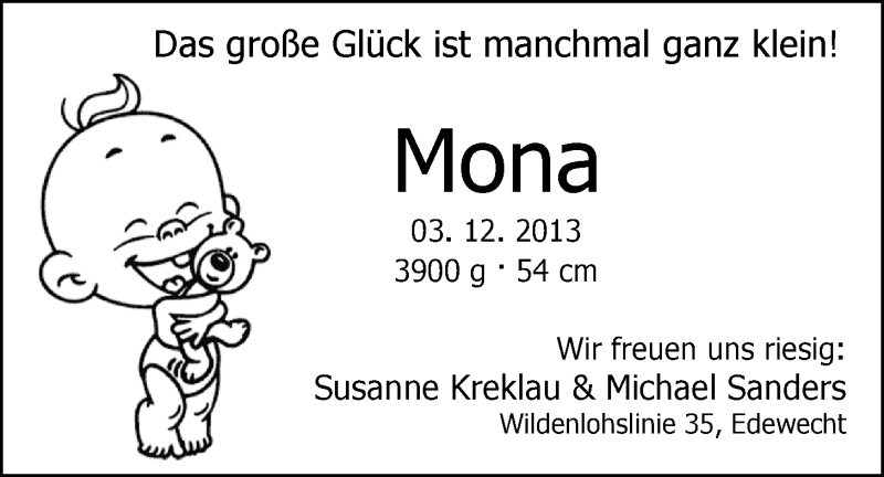 Anzeige für Mona Sanders vom 14.12.2013 aus Nordwest-Zeitung