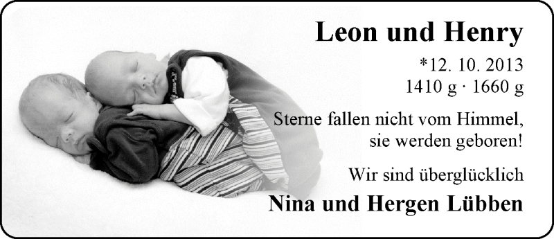 Anzeige für Leon und Henry Lübben vom 14.12.2013 aus Nordwest-Zeitung