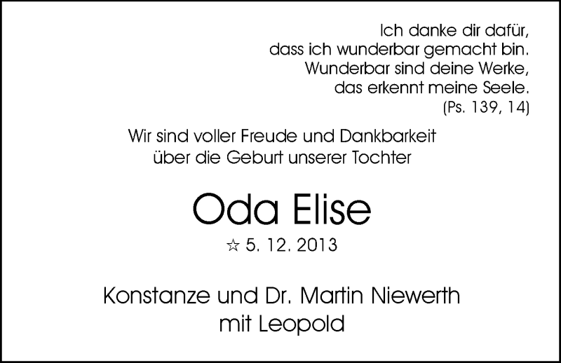 Anzeige für Oda Elise  vom 14.12.2013 aus Nordwest-Zeitung