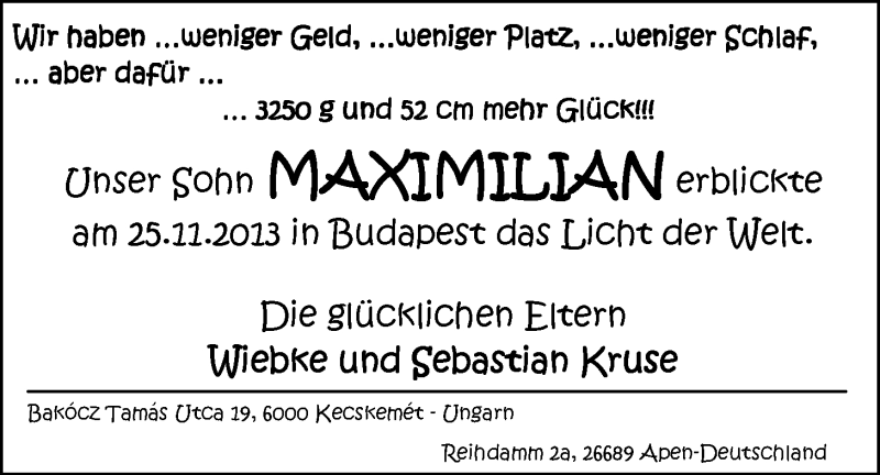 Anzeige für Maximilian Kruse vom 17.12.2013 aus Nordwest-Zeitung
