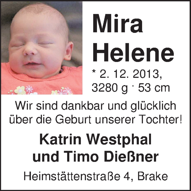 Anzeige für Mira Helene  vom 21.12.2013 aus Nordwest-Zeitung