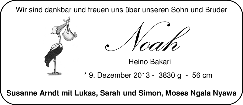 Anzeige für Noah Arndt vom 24.12.2013 aus Nordwest-Zeitung
