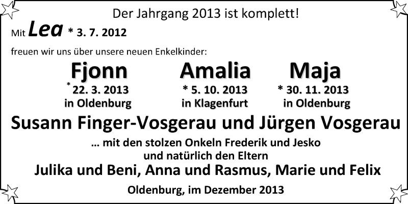 Anzeige für Lea Fjonn Amalia Maja  vom 28.12.2013 aus Nordwest-Zeitung