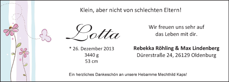 Anzeige für Lotta  vom 04.01.2014 aus Nordwest-Zeitung