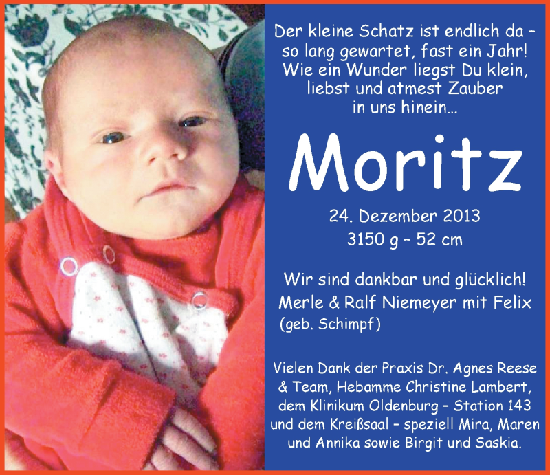 Anzeige für Moritz Niemeyer vom 04.01.2014 aus Nordwest-Zeitung
