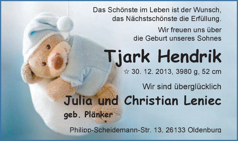 Anzeige für Tjark Hendrik Leniec vom 11.01.2014 aus Nordwest-Zeitung