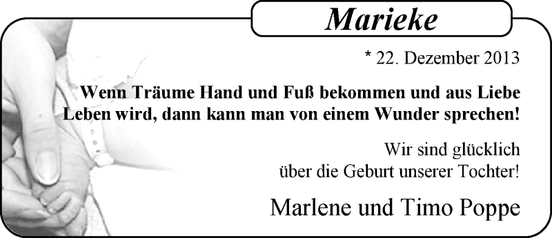 Anzeige für Marieke Poppe vom 11.01.2014 aus Nordwest-Zeitung