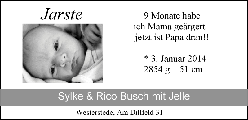 Anzeige für Jarste Busch vom 18.01.2014 aus Nordwest-Zeitung