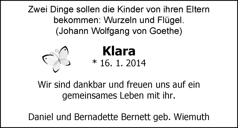 Anzeige für Klara Bernett vom 20.01.2014 aus Nordwest-Zeitung