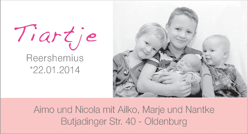 Anzeige für Tiartje Reershemius vom 01.02.2014 aus Nordwest-Zeitung