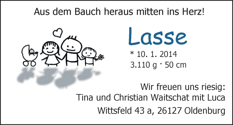 Anzeige für Lasse Waitschat vom 01.02.2014 aus Nordwest-Zeitung